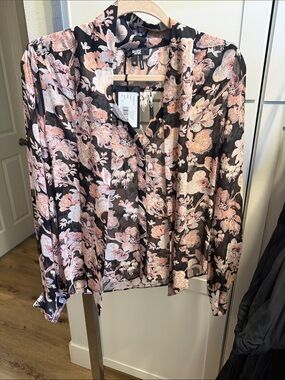 NWT PAIGE Silk Black Blush Floral Tie-Neck Long Sleeve Blouse